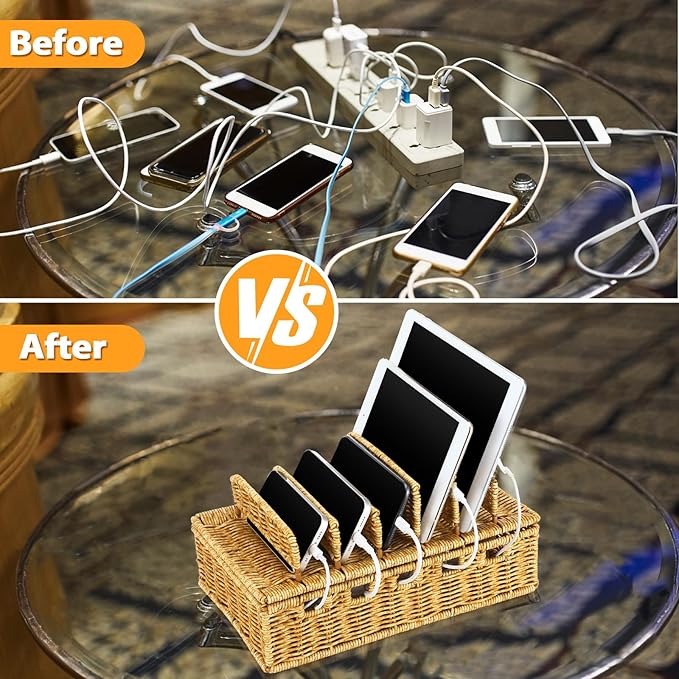 CroBlissful Cable Management Box Handwoven Imitation Rattan Cord Hider Box Charging Station Basket Desktop Cord Organizer with Removable Divider for Laptop Tablet 12.5lx5.9hx7.6w-inch(Rattan Color)