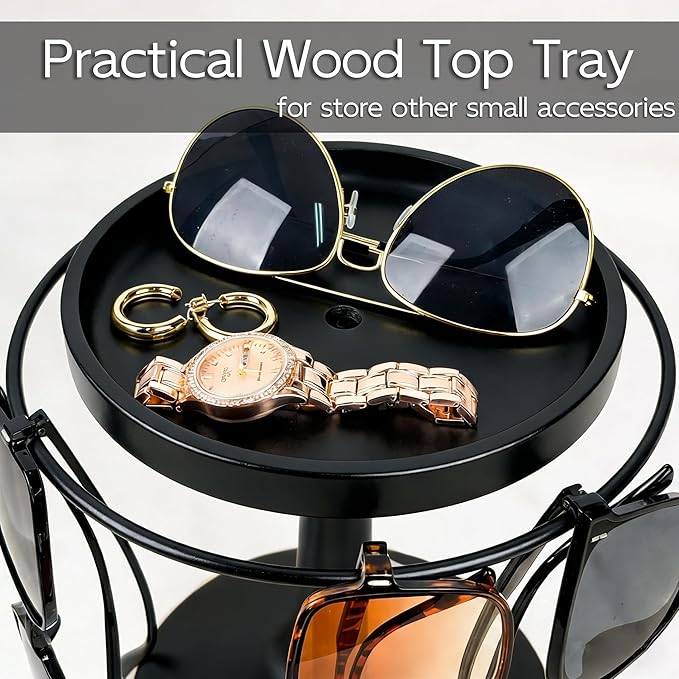 Sunglasses Organizer 360° Rotating Eyeglass Holder Stand with Wood Tray and Base, Eye Glass Display Rack for Multiple Sunglass Storage for Table Dresser Nightstand Desk (Black)