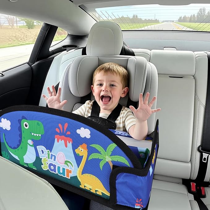Kids Travel Tray for Airplane - Toddler Car Seat Table Tray, Road Trip Essentials for Boys & Girls, Carseat Lap Desk for Kids Road Trip Activities,Blue Dinosaur