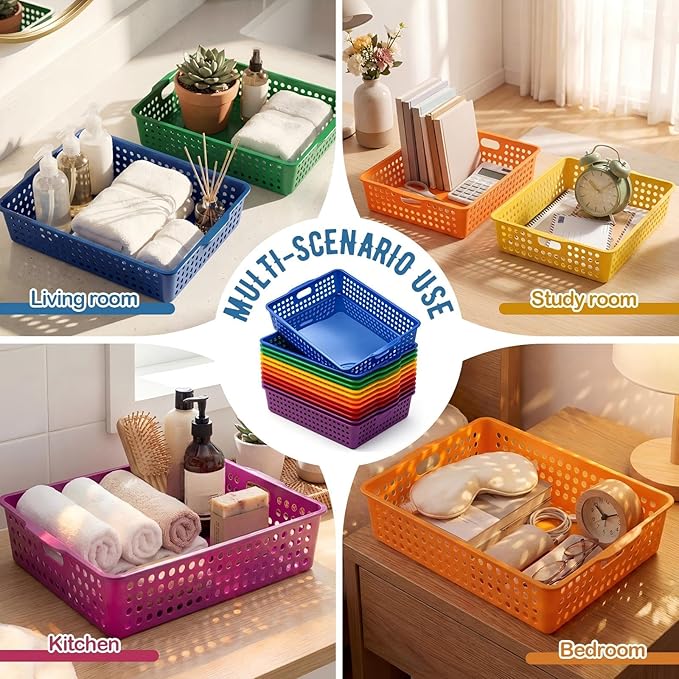 Geetery 6 Pack Classroom Storage Baskets with Handle 14''x10'' Paper Tray Holds A4 Turn in Trays Plastic Paper Baskets Desk Organizer Bin for Classroom, Library, Office, Home (Rainbow Color)