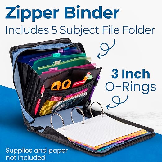 Case-it Mighty Zip Tab School Zipper Binder | 3-Inch O-Rings, 600-Sheet Capacity, 5-Subject Expanding File Folder, Multiple Pockets & Storage Organizer, Shoulder Strap | D-146 Glacier