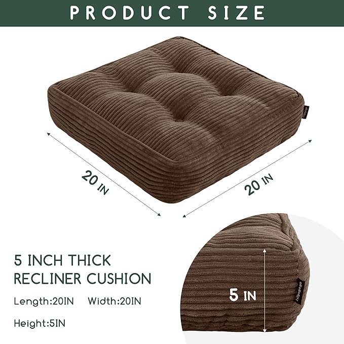 HIGOGOGO Tufted Corduroy Recliner Seat Cushion for Elderly, 20x20x5 Inch Large Square Seat Cushion for Recliner Chair, Floor Pillow, Office Chair, Car, No Pressure on Thighs, Brown