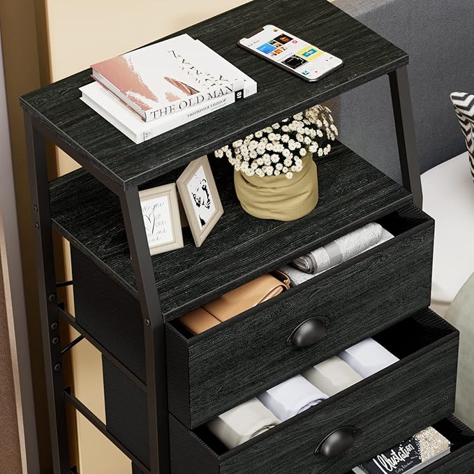 Furnulem Black Dresser with 5 Drawers, Vertical Storage Tower Fabric Dresser for Bedroom, Hallway, Entryway, Nursery, Closet Organizer, Nightstand Bedside Table Furniture, Sturdy Steel Frame, Wood Top