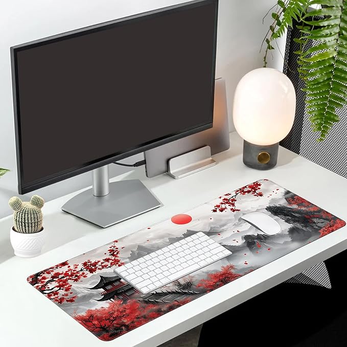 Long Gaming Mouse Pad Extended Anime Large Desk Pad with Non-Slip Base Full Keyboard Mat with Stitched Edges for Gaming and Office 31.5 x 11.8 inches (Mountain Cherry)