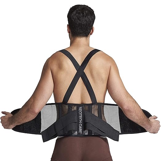 NeoTech Care Back Brace with Suspenders/Shoulder Straps - Light & Breathable - Lumbar Support Belt for Lower Back Pain - Posture, Work, Gym - Black Color (Size XXL)