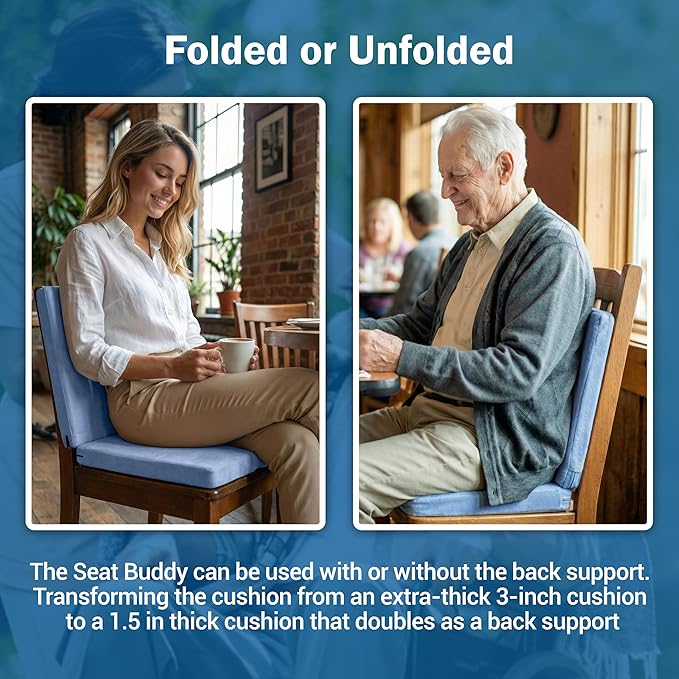 Skil-Care Seat Buddy Portable Seat Cushion, Foldable Chair Cushions with Non-Slip Bottom for Office Chair, Recliner Chair, Stadium Seats, Wheelchair, Travel, 16"x16", Blue Cozy Cloth, 914350