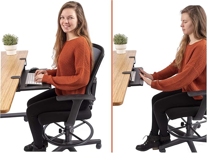 Stand Up Desk Store Compact Clamp-On Retractable Adjustable Height Under Desk Keyboard Tray | for Desks Up to 1.5" (Small, 24.5" Wide)