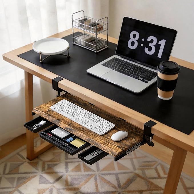 ETHU Keyboard Tray Under Desk, Pull Out Keyboard & Mouse Tray with C-clamp, Ergonomic Desk Keyboard Tray Slide Out, Pull Out Platform Drawer for Home and Office(Wood)