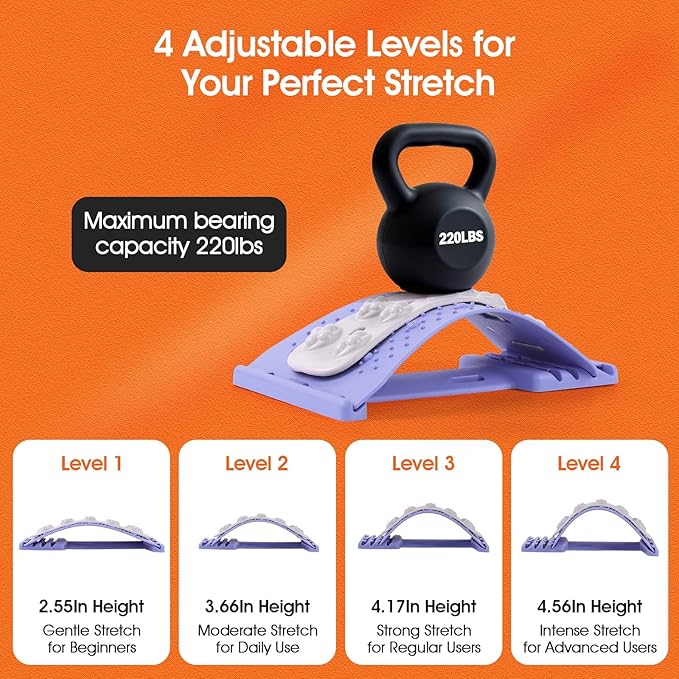 Premium Back Stretcher for Lower Back Pain Relief – 4-Level Adjustable Lumbar Support Board with Soft EVA Massage Strip – Durable & Portable Back Cracker to Release Tension and Reset Your Day (Purple)