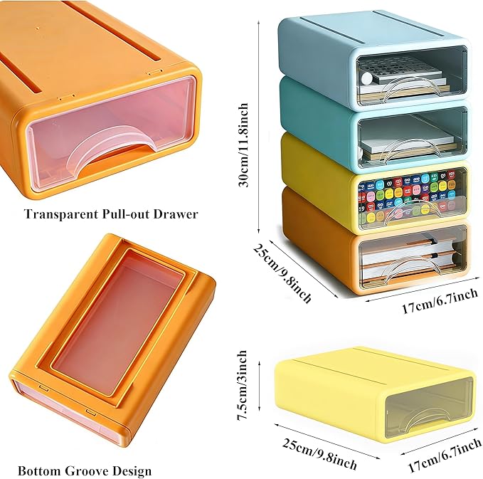 Plastic Desktop Drawer Organizer, Small 4-Tier Stackable Storage Drawers, Mini Desk Organizer for Office Stationery Makeup Vanity Supplies