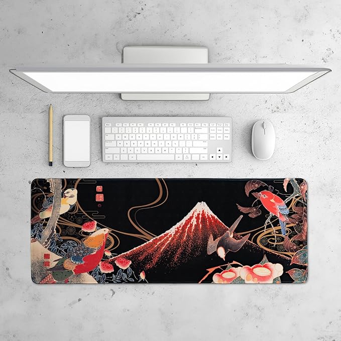 BELLEMOND Japanese Art Desk Mat | Large 31.5x11.8in Anime Mouse Pad for Keyboard & Mouse | Non-Slip Base, Water-Repellent | Original Japanese Design | Crimson Wings Over Fuji