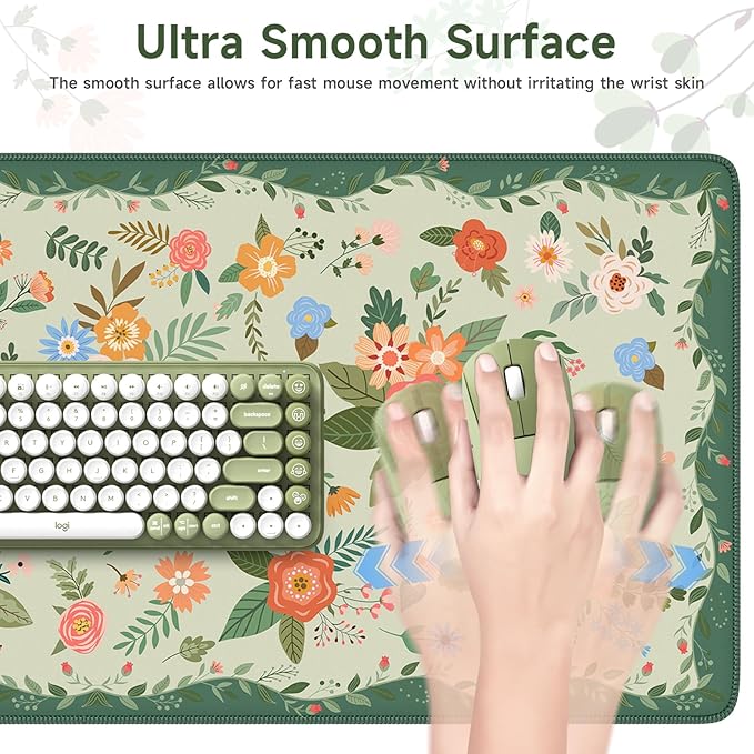 HAOCOO Cute Green Desk Mat, Floral Keyboard & Mouse Pad for Office/School/Home, Waterproof Large Desktop Mat, Non-Slip Cubicle Decor with Stitched Edge, Desk Pad Protector Girly Supplies