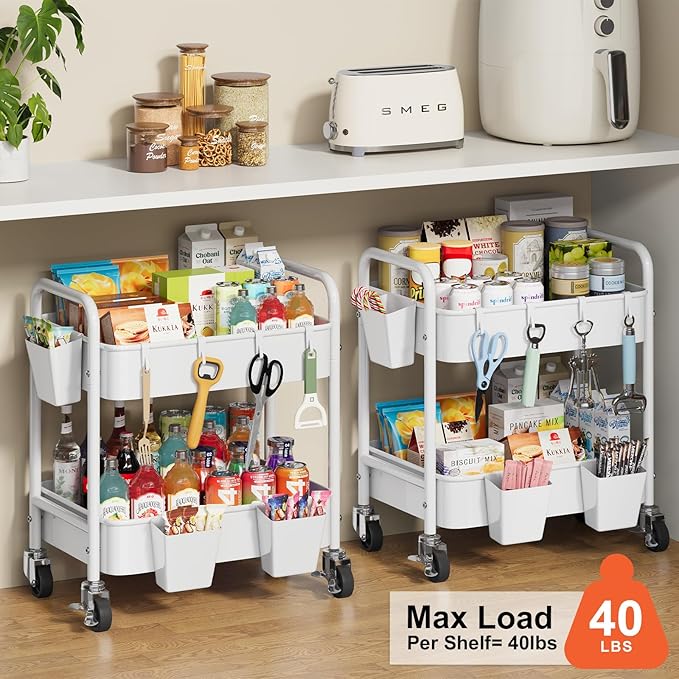 2 Tier Small Rolling Cart Metal with Wheels, White Under Desk Storage Cart on Wheels, Short Utility Roller Caddy Carts Organizer for Art,Craft,Pantry,Bathroom, Two Tiered Shelf Trolley, 22 Inches Tall