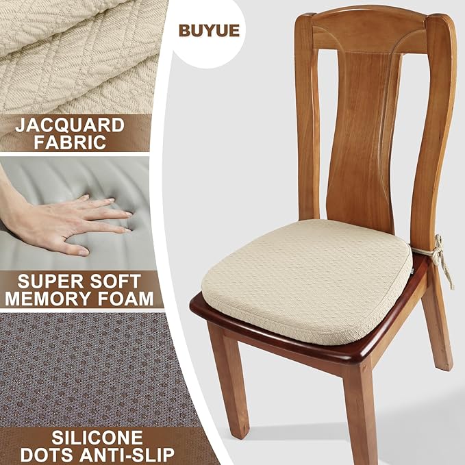 BUYUE Luxury 100% Pure Memory Foam Chair Cushion 1 Pack, Jacquard 16" U-Shape Comfortable Dining Chair Pad, Removable Slip Resistant Kitchen Chair Seat Cushion, (1 Piece, Beige)