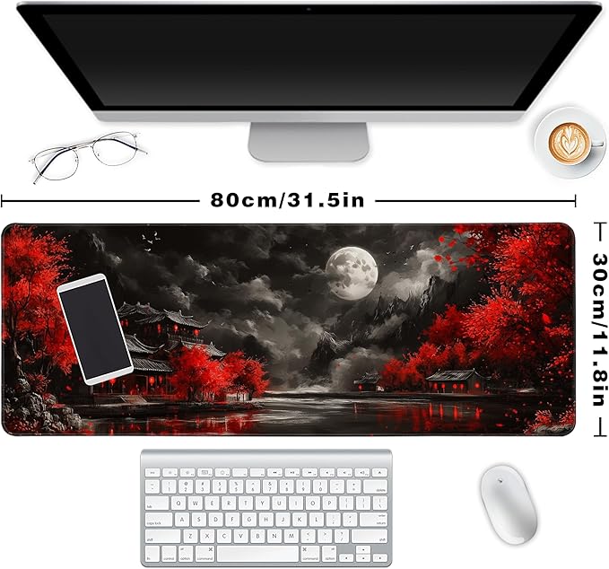 Long Gaming Mouse Pad Extended Anime Large Desk Pad with Non-Slip Base Full Keyboard Mat with Stitched Edges for Gaming and Office 31.5 x 11.8 inches (Dark Full Moon)