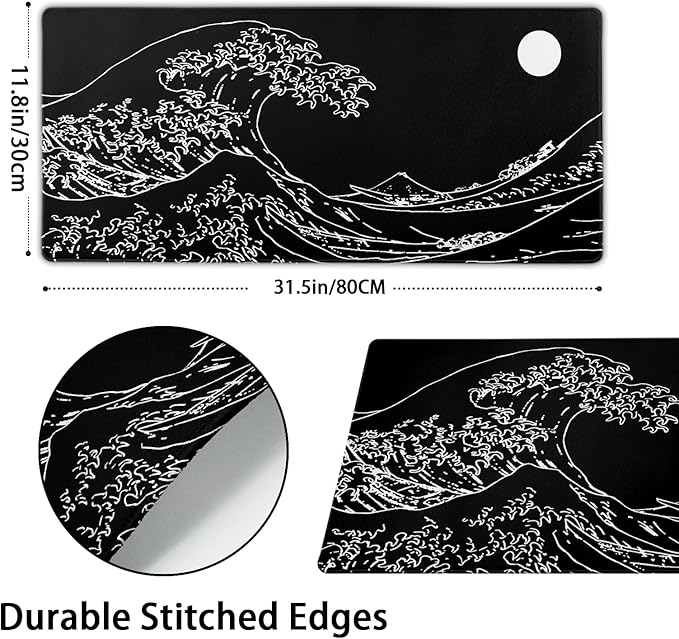 Black and White Japanese Sea Wave Mouse Pad,Extended Large Gaming Mouse Pads 31.5x11.8 in,Japanese Kanagawa Desk Mat,Laptop Mousepad Non-Slip Rubber MousePads for Office Home Travel