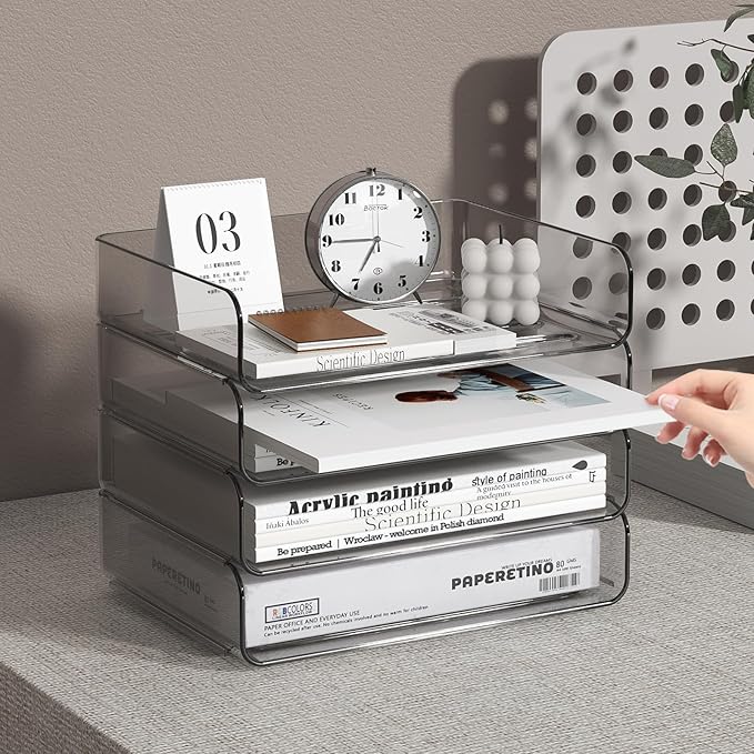 FANXIYQ 4-Tier Horizontal Acrylic Paper Tray Organizer | Clear Stackable Desk Organizer for Documents, Letters, A4 Paper | Modern Office/Classroom/Home Organization,Brown