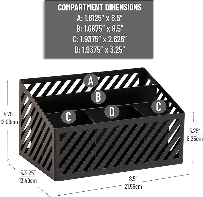 Mind Reader Desktop Organizer and Mail Sorter, Five Compartments, Office Supplies and Accessories, Metal, Black