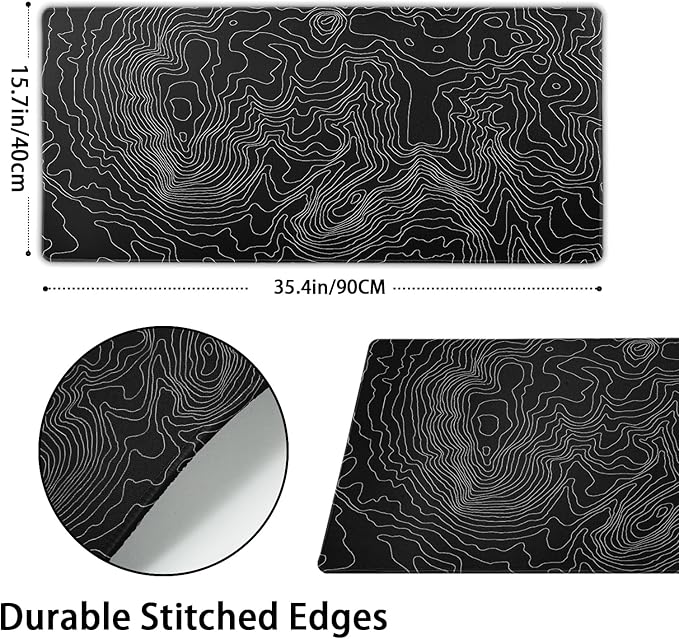 Topographic Contour Large Gaming Mouse Pad 35.4 x 15.7 Inch, Extended Mouse Pad with Non-Slip Rubber Base Geographic Mouse Mat for Computer Keyboard Pad Desk Pad Black for Home Office Gaming