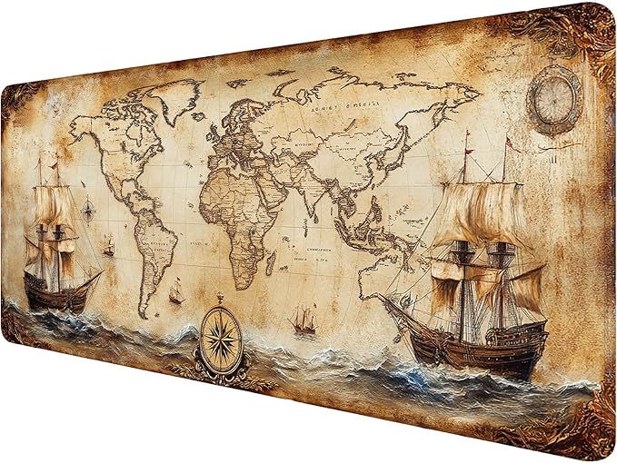Vintage Map Mouse Pad World Ship Compass Antique Extended Mousepad Waterproof Stitched Edges Rubber Base Non-Slip Deskmap Computer Keyboard Mat Office Computer Keyboard Laptop Home 31.5x11.8 Inch