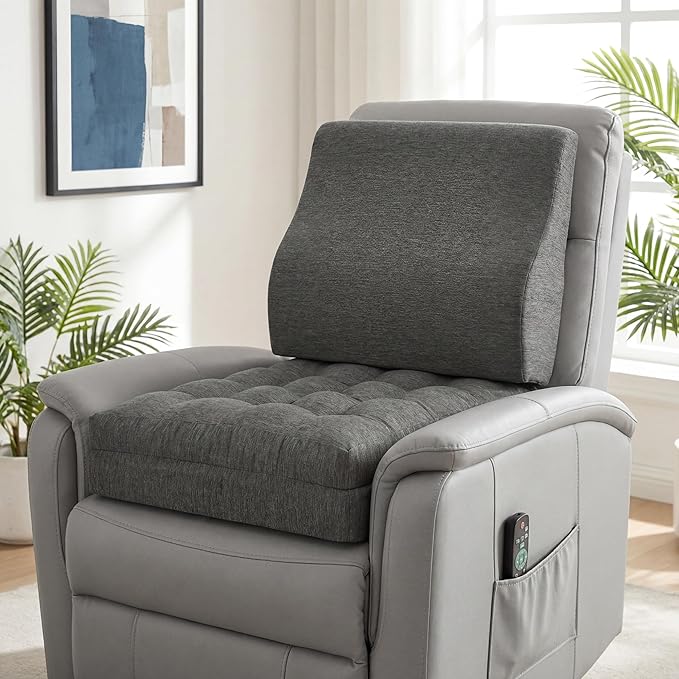 baibu Memory Foam Recliner Cushions with Lumbar Support Pillow Set for Elderly, 20x20x5 Inch Dual-Layer Non-Slip Recliner Seat Cushion & Back Support Pillow for Reduce Hip & Lumbar Pain, Dark Grey