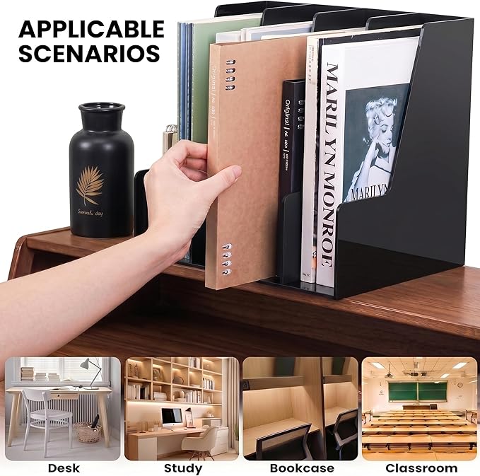 Vertical Magazine File Holder, Black File Organizer Desk Organizer and Storage Bins Holding for Magazines, Binders, Notebooks, Envelopes, Plastic Office Organization and Storage for Desk, 4 pack