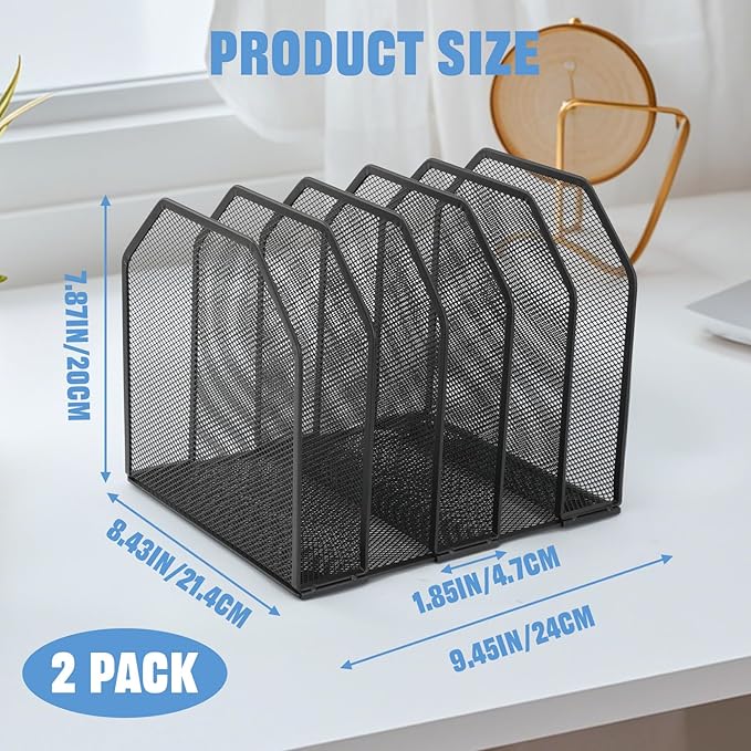 RETON 2 Pack Mesh File Sorter Organizer for Desktop, 5-Section Black Metal Vertical Desk File Organizer, Adjustable Upright Bookshelf File Holder Stand for Office Home Classroom Documents Books