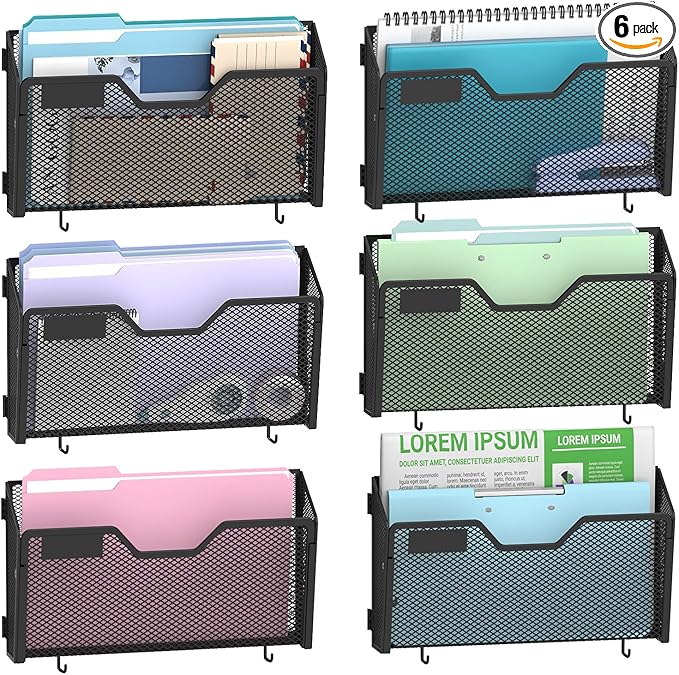 SUPEASY Wall File Organizer 6 Pack, Metal Mesh Wall File Holder with Hooks and Label Panel, Wall Mounted Mail Organizer for Office, Home, Classroom, Letter Size and A4 Files