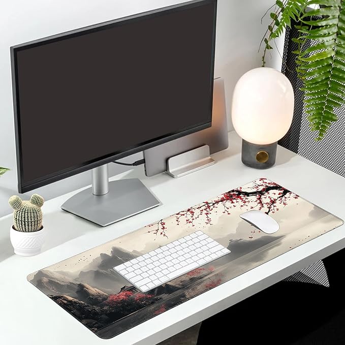 Long Gaming Mouse Pad Extended Anime Large Desk Pad with Non-Slip Base Full Keyboard Mat with Stitched Edges for Gaming and Office 31.5 x 11.8 inches (Lake Cherry Blossom)