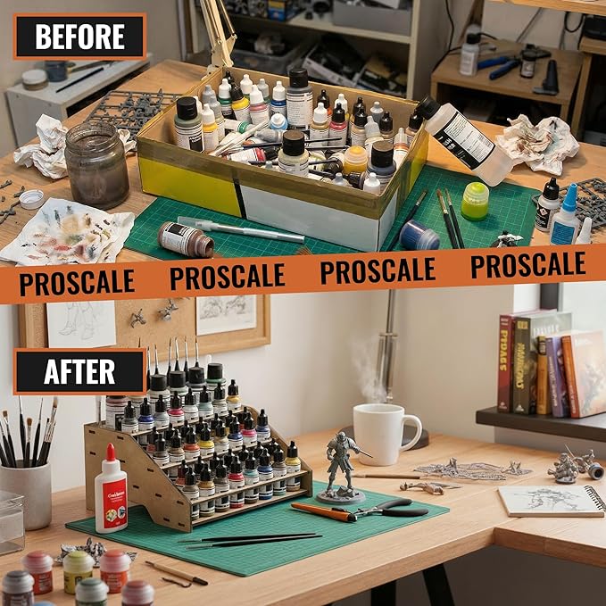 PROSCALE Paint Rack Organizer for Miniature & Model Paints Tabletop Paint Stand with 26mm & 36mm Holes Brush & Tool Holder Artist Room Compatible with Vallejo, Army Painter, AK (Module A)