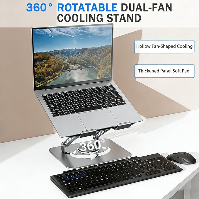 Laptop Stand with Cooling Fan, 360° Rotating Base Aluminum Laptop Riser, Foldable Ergonomic Computer Stand for Desk, Height Adjustable Notebook & All Laptops Up to 17.3" (Silver)