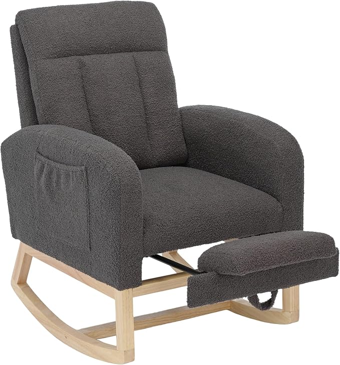 Nursery Rocking Chair with Foot Rest, Teddy Upholstered Nursery Glider Rocker Chair with Solid Wood Legs & 2 Side Pockets Comfy Armchair for Living Room Lounge Bedroom (C-Grey)