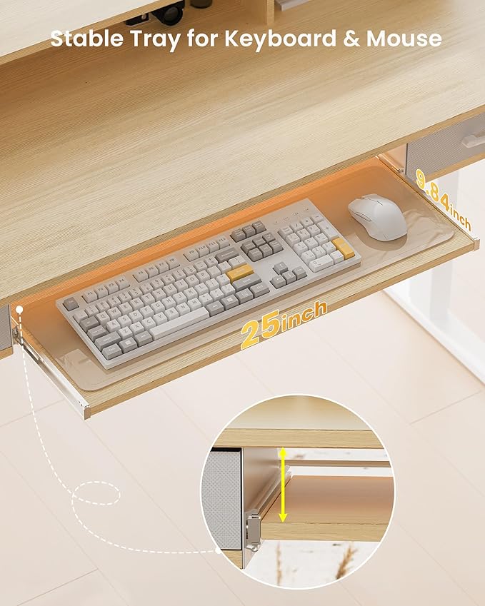 Electric Standing Desk with Keyboard Tray, 55x24 Inches Height Adjustable Stand up Desk with 2 Drawers, Ergonomic Sit to Stand Table with Storage Monitor Stand, Oak