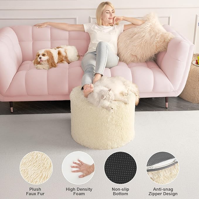 Hansleep Round Stuffed Pouf Ottoman 17 x 14, Foam Filled Faux Fur Ottoman Foot Rest for Chair with Washable Cover, Foot Stools Under Desk for Living Room & Bedroom, Beige