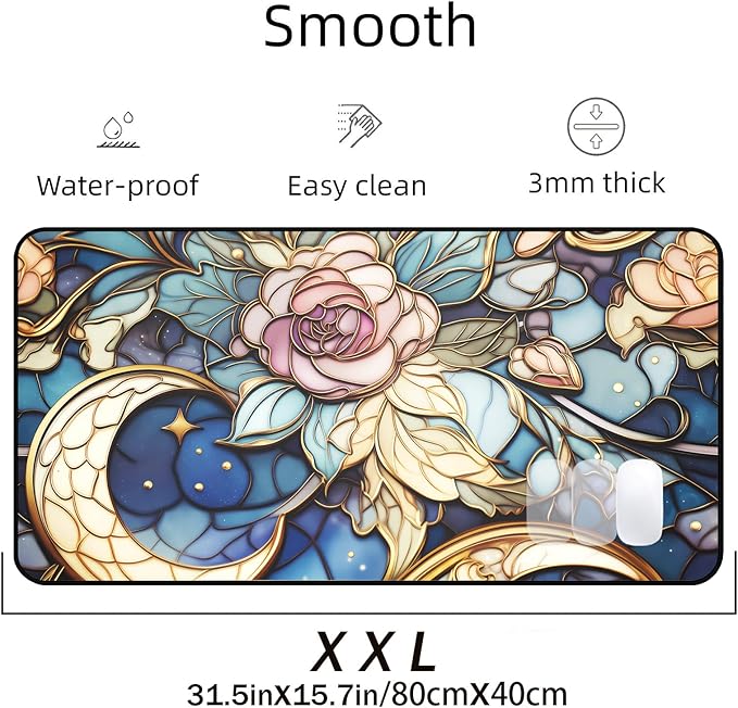 Colorful Glass Desk MST, XXL Mouse Pad with Moon and Rose Flowers, Large Gaming Mouse Pads Mat, Extended Aesthetic Desk Pad, Keyboard Pads, Computer Pad 31.5"X15.7" for Work Game Office Décor