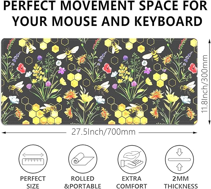 Bees and Honeycombs Mouse Pad,XL Large Wildflowers Mousepad Desk Pad with Stitched Edges,Non-Slip Waterproof Rubber Base Mouse Mat Desk Mat for Office Computer Keyboard Laptop Home 27.5x11.8 in