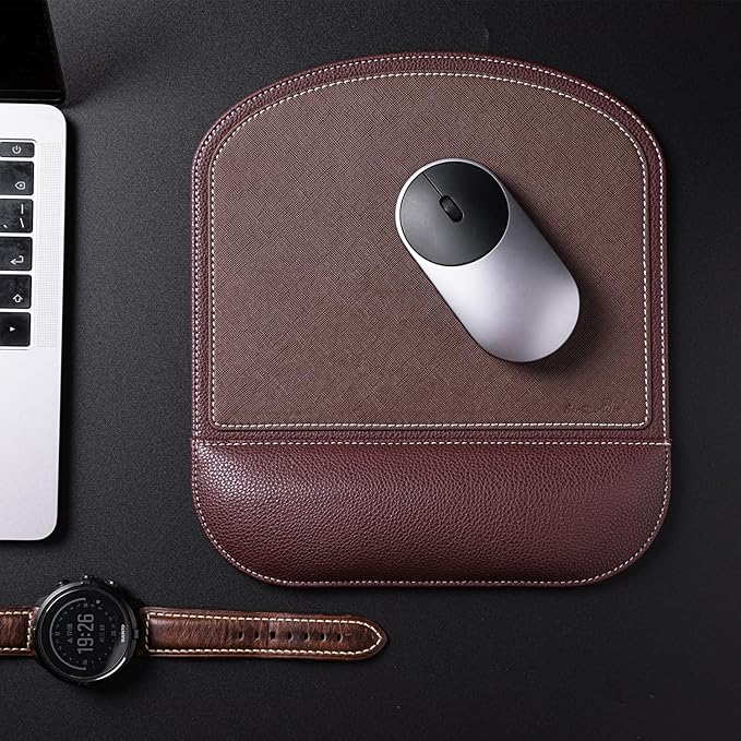 Brown Office Square Leather Mouse Pad with Wrist Rest Non-Slip Design, Business Style Gaming PU Mousepad for Learners, Workers &Computer Users.