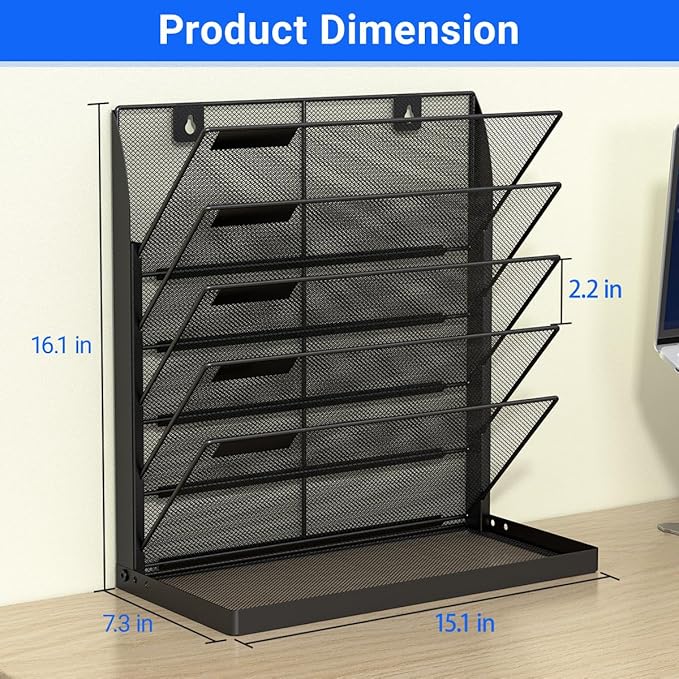 Legal/Letter Size 6 Tier Wall File Organizer,2-in-1 Wall Mounted&Desktop File Holder,2 Installation Methods Screws & Adhesive,Mesh Document Organizer with Label Plate for Home Office