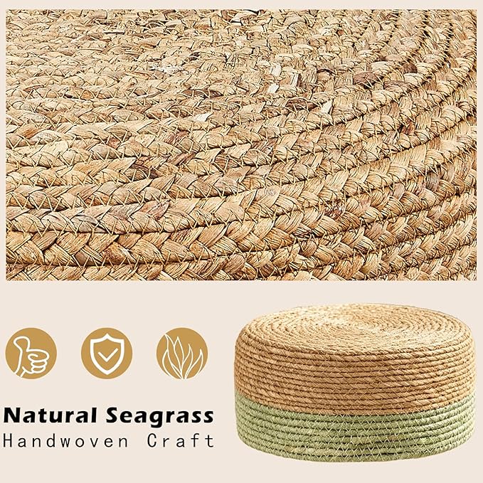 Wimarsbon Round Foot Stool Natural Seagrass Poufs Ottoman Hand Weave Footrest Stool for Couch Desk Extra Seat Step Stool with Solid Wood Legs for Hallway Patio Lounge Green