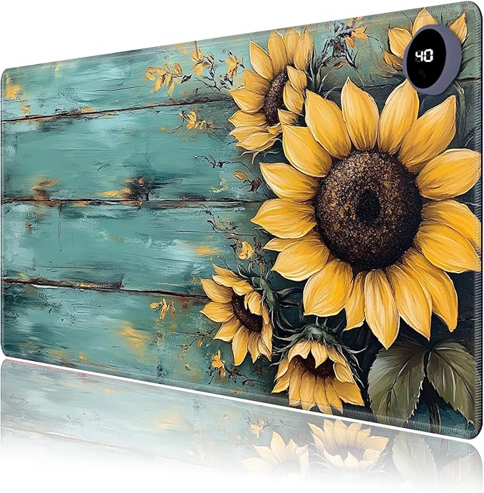 Heated Mouse Pad,Warm Desk Pad with 3 Levels Heating & 3 Hours Auto Shut-Off, PU Leather Heated Desk Pad Warmer Pad for Home Office - 23.6 x 14.2 inch,Sunflower Blue Wood Grain