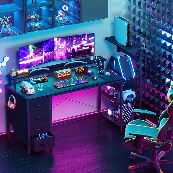 59 Inch Gaming Desk with LED Lights and Power Outlets, Computer Desk with Storage Shelves, Fabric Drawers, Monitor Stand & Side Hook, Reversible Gamer Table for Home Office, Carbon Fiber Black