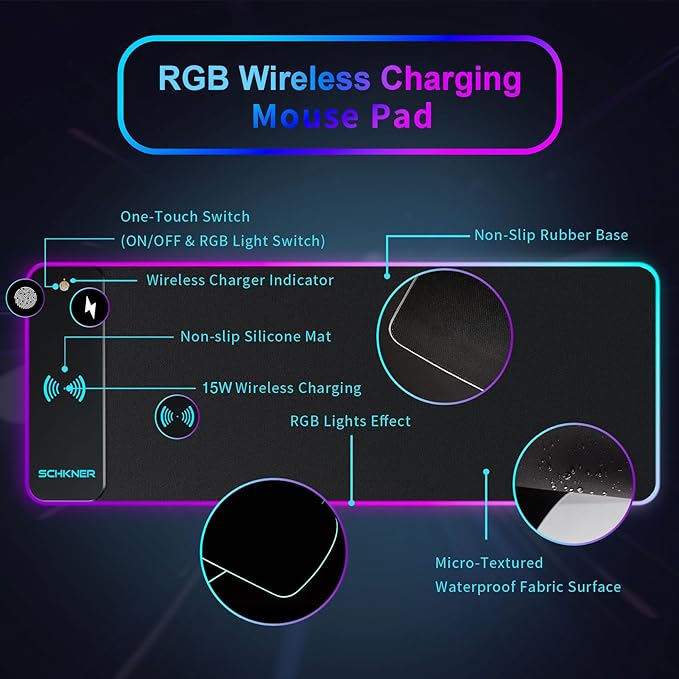 Schkner RGB Gaming Mouse Pad with Wireless Charging 15W, Large Desk Mat 800x300x4mm, 10 Light Modes Keyboard Pad with Non-Slip Rubber Base, Waterproof Mousepad for Gaming PC MacBook Laptop