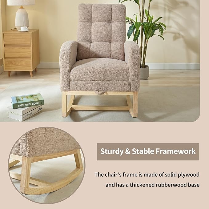 Nursery Rocking Chair with Foot Rest, Teddy Upholstered Nursery Glider Rocker Chair with Solid Wood Legs & 2 Side Pockets Comfy Armchair for Living Room Lounge Bedroom (B-Grey)