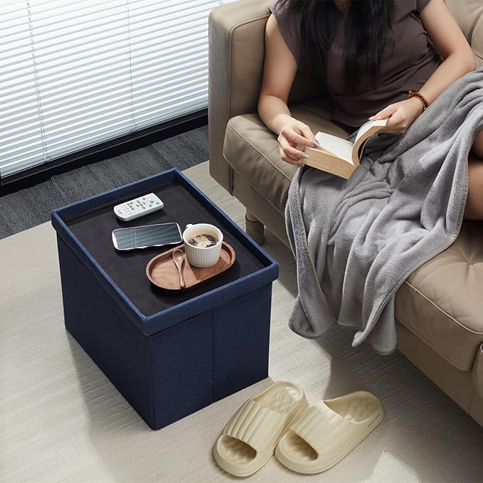 AmasSmile 2Pack Blue Ottoman with Storage,Foot & Leg Rest Stools Small Cute Stool Short Bench Folding Ottomans Square Footstools for Shoe Living Room Under Desk Outdoor RV Camper Each Space Storage