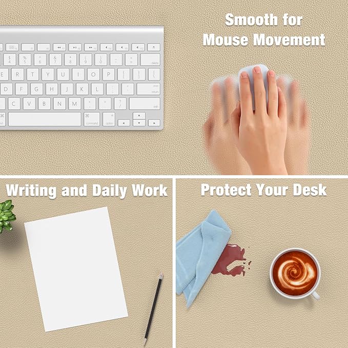 Hsurbtra Desk Pad, 23.6" x 13.8" PU Leather Desk Mat, M Extended Mouse Pad, Waterproof Desktop Blotter Protector, Non-Slip Ultra Thin Small Laptop Keyboard Writing Mat for Office Home, Beige