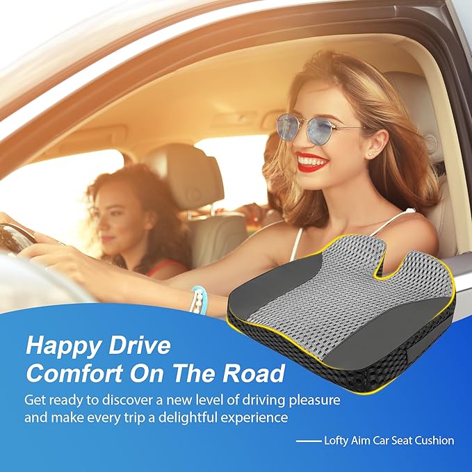 Lofty Aim Car Seat Cushion, Comfortable Memory Foam Seat Pillow for Driving, Sciatica-Back Pain Relief, Cushion for Car-Truck, Office, Wheelchair - Large Black & Gray