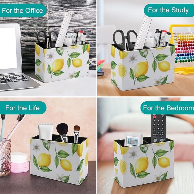 Square Pens Pencils Holder Cup Yellow Fruits Green Leaves Lemon Floral, Sleek and Sturdy Stationery Organizer