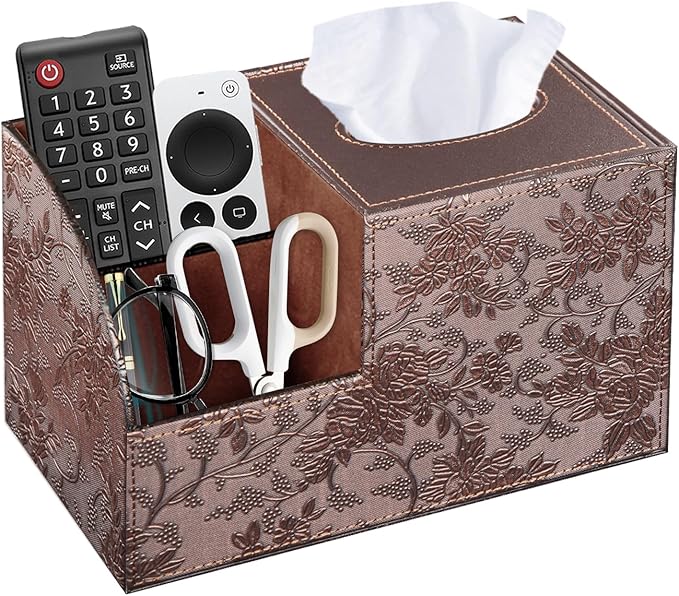 Square Tissue Box Cover with Storage, PU Leather Cube Tissue Box Holder, Remote Control Nightstand Organizer, Modern Desk Caddy for End Table, Bathroom, Bedroom, Home, Office Decor