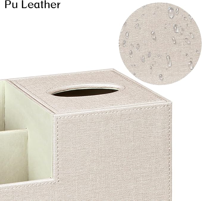 Square Tissue Box Cover with Storage, PU Leather Cube Tissue Box Holder, Remote Control Nightstand Organizer, Modern Desk Caddy for End Table, Bathroom, Bedroom, Home, Office Decor