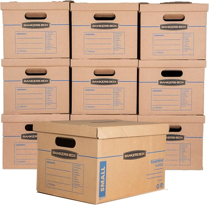 Bankers Box Small Classic Moving Box 10 Pack, Reinforced Handles, Tape-Free Assembly, Box with Lid, 15" x 12" x 10", Cardboard